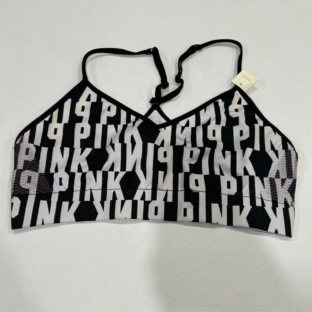 PINK Victoria’s Secret Logo Sports Bra Medium – Black White Racerback Compressio